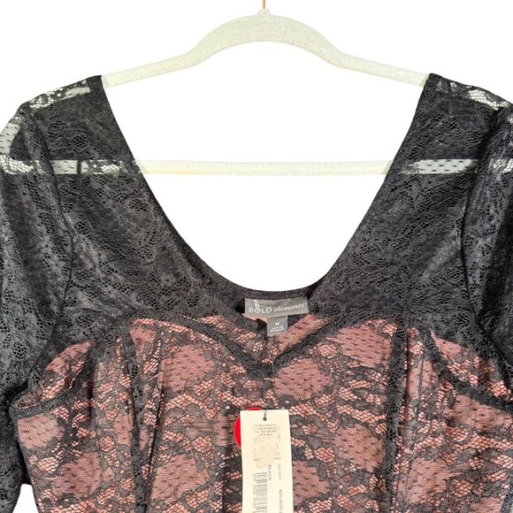 Bold Elements Women's Lace & Satin Bodysuit With Long Sleeves Black Peach  Size - Picture 3 of 5